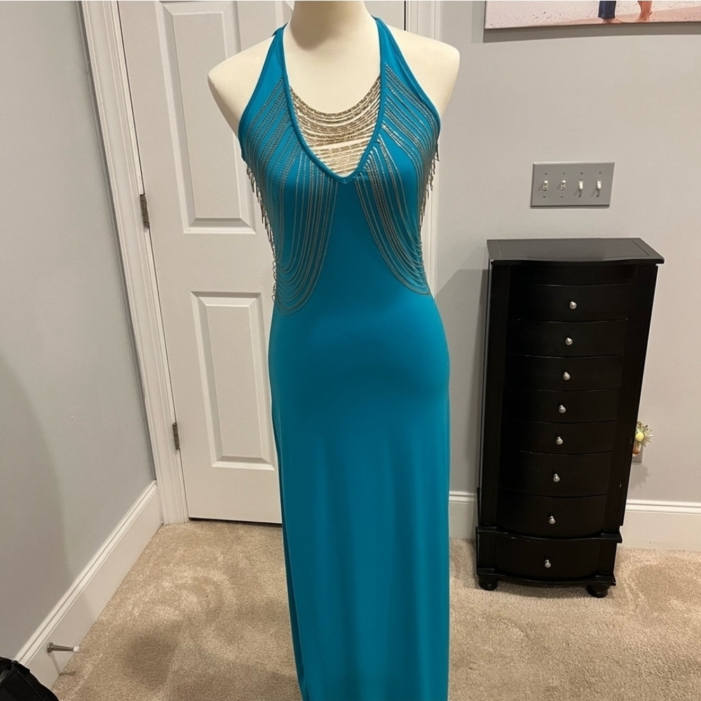 Marciano Teal Backless Dress with Gold Chain Accents